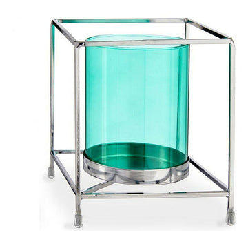 Kerzenschale karriert Silberfarben Blau Metall Glas (14 x 15,5 x 14 cm)